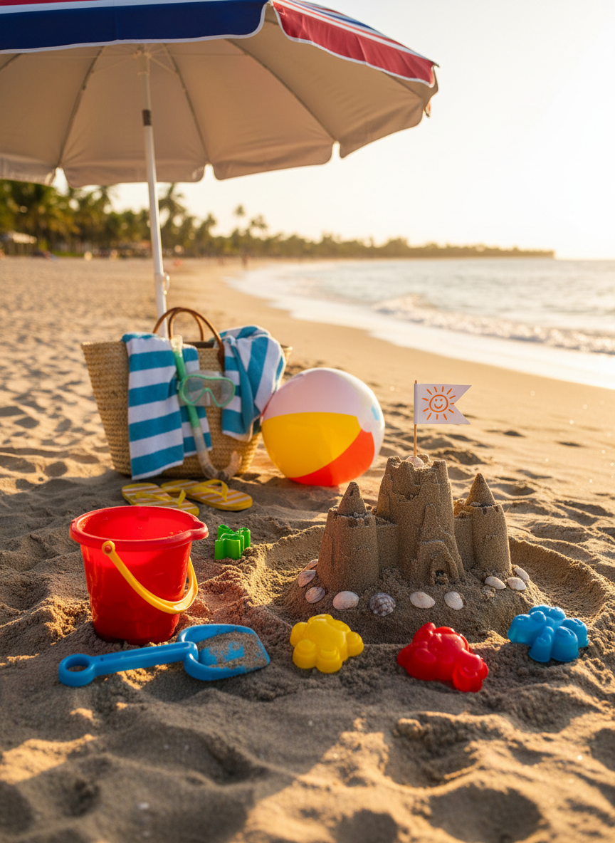A sunlit sandy beach scene featuring a whimsical cluster of beach toys, a striped family beach umbrella, and a half-finished sandcastle decorated with tiny shells and a miniature flag. A pair of colorful flip-flops, a sand-dusted beach ball, and a woven tote bag overflowing with towels and snorkeling gear sit close by, suggesting a fun day of family play. Late afternoon golden hour light casts a warm glow over the rippled sand and creates sparkling highlights on distant waves. Photographic realism, vibrant and joyful mood, captured from a low, childlike perspective with shallow depth of field so the shoreline and palm trees blur softly, emphasizing playful family memories by the sea.