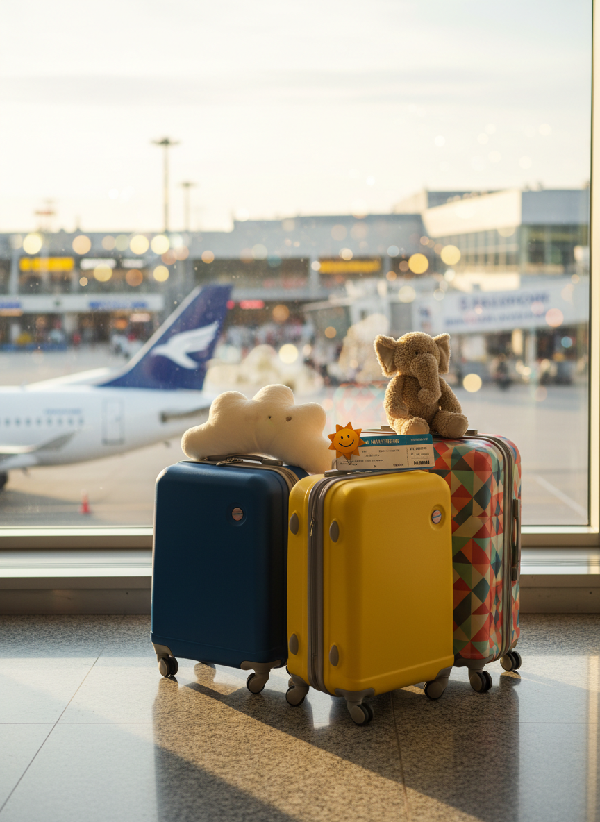 A bright, sun-drenched airport scene focused on a small cluster of suitcases and travel gear gathered near a large floor-to-ceiling window, where an airplane is visible outside on the tarmac in soft focus. A set of mismatched but colorful rolling suitcases stands close together, topped with a plush travel pillow, a well-worn stuffed animal, and a stack of family boarding passes held with a cheerful clip. Golden morning light streams in, creating long, gentle shadows on the polished floor. Photographic realism, playful and optimistic mood, composed with rule of thirds from a slightly low angle to emphasize the journey ahead, with the busy terminal blurred into a lively, bokeh background.