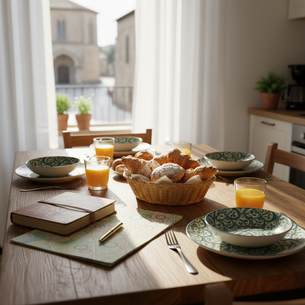 A charming vacation rental dining table set up for a cozy family breakfast abroad, with a mix of patterned ceramic plates, small glasses of freshly squeezed juice, and a basket of flaky croissants and local pastries. A well-worn travel journal lies open beside a city map marked with colorful pen circles. Soft morning light filters through sheer curtains, illuminating the wood grain of the table and creating delicate reflections on the glassware. Photographic realism with a warm, intimate atmosphere, shot from a slightly elevated angle using rule of thirds. The background kitchen and window view of a distant old-town street are gently blurred, highlighting the simple joy of sharing meals together while traveling.