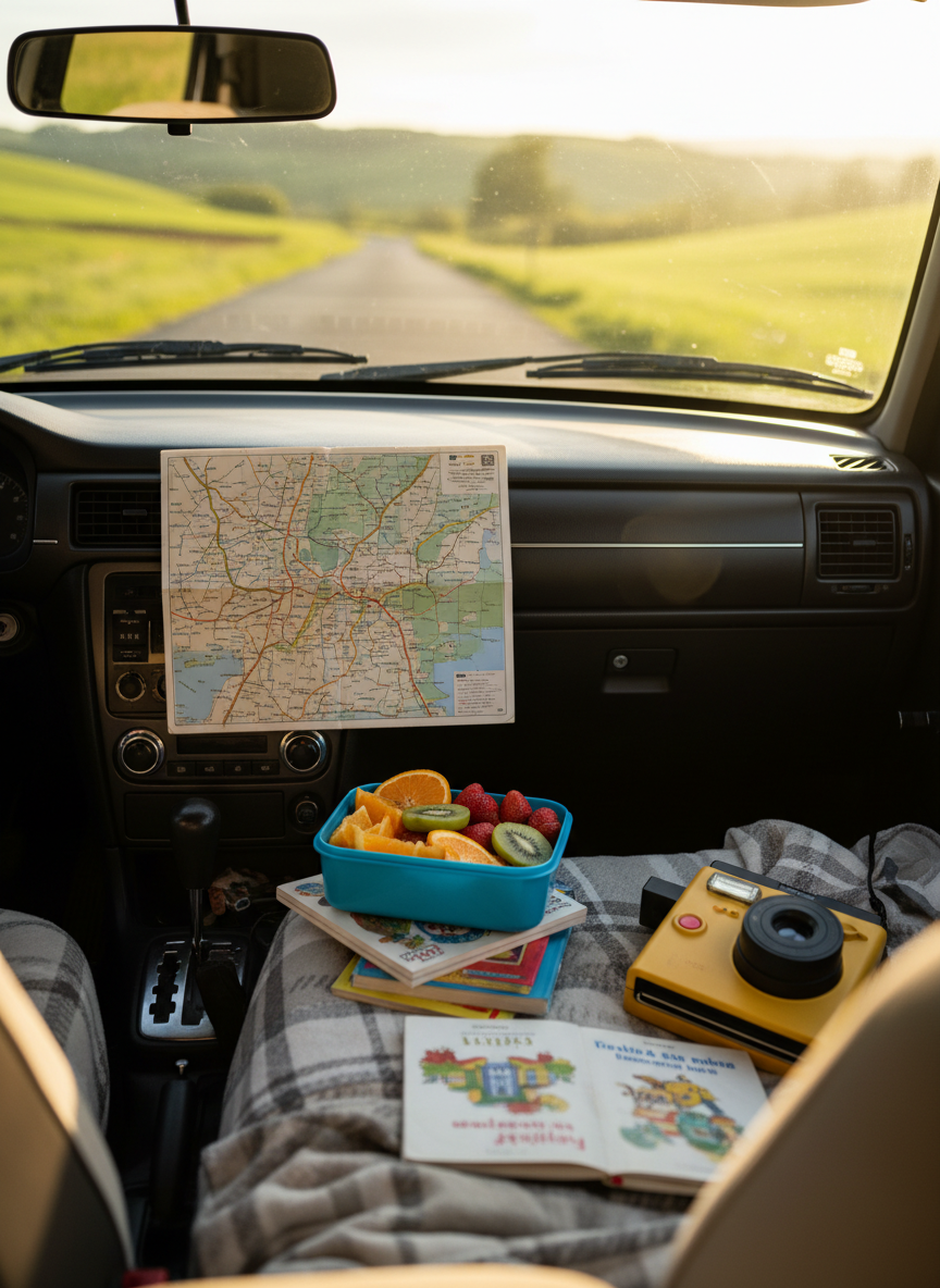 A playful road trip scene inside a car, focused on the center console and backseat area filled with travel essentials: a folded highway atlas, a reusable snack container with bright fruit slices, a stack of storybooks, and a camera resting on a soft blanket. Through the side window, rolling green hills and a winding road stretch into the distance, sunlit and slightly blurred. Late afternoon light pours into the car, creating gentle highlights on the dashboard and casting soft shadows over the objects. Photographic realism, fun and adventurous mood, shot from the front passenger seat looking back with a wide-angle composition, capturing both the cozy clutter and the expansive sense of journey.